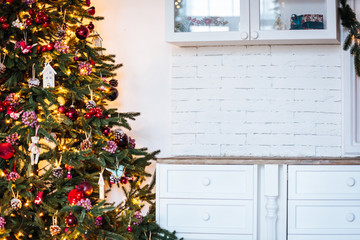 Christmas tree in Christmas living room. Beautiful New Year decorated classic home interior. Winter background