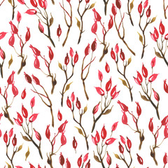 Watercolor seamless pattern of brown branch and berry