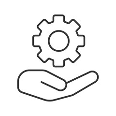 Open hand with cogwheel linear icon