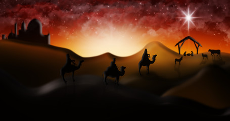Naklejka na ściany i meble Christmas Nativity Scene Of Three Wise Men Magi Going To Meet Baby Jesus in the Manger with the City of Bethlehem in the distance Illustration