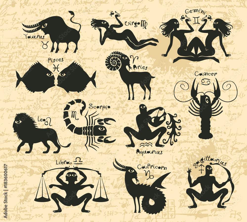 Aufkleber vector set of twelve signs of the zodiac with inscriptions and symbols on a background of the ancien