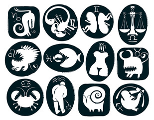 Vector set of twelve funny and scary signs of the zodiac. Black and white icons for astrology horoscopes