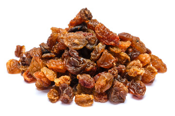 Heap of raisins isolated on white background