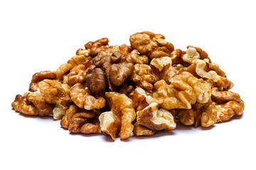 heap of shelled walnuts isolated on white background