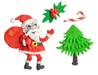 Santa Claus, Ded Moroz, Christmas tree, holly, candy cane, plasticine, play dough, clay decorations