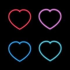 Neon sign in shape heart. Set bright neon heart for your design.