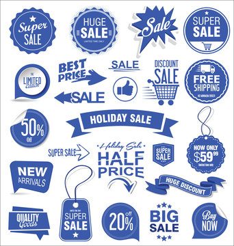 Super sale badges and labels vector collection blue edition