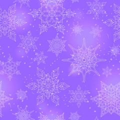 Seamless pattern on the theme of winter and winter holidays, the contour of the snowflake and flare, white snowflakes on a purple background