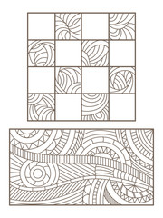 Set contour illustrations of  stained glass, abstract geometric images, dark outline on a white background
