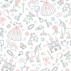 Fototapeta premium Seamless pattern on the theme of Hobbies baby girls, simple contour icons, contours are drawn with colored markers on white background