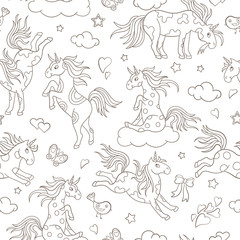 Seamless pattern with funny cartoon unicorns, hearts and stars contour icons on white background