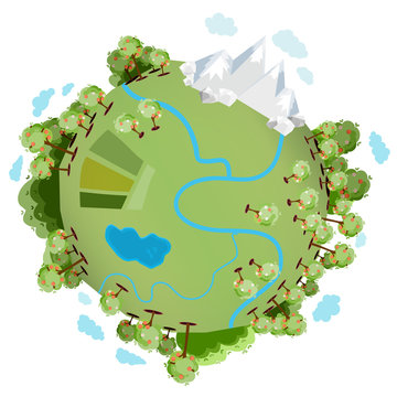 A green planet with many green trees, mountains, a river, a lake and with clouds around it