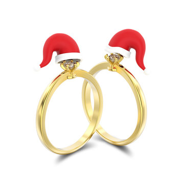 3D illustration two isolated yellow gold solitaire engagement diamond rings in the Christmas Santa Claus hats with shadow