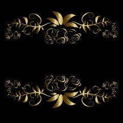 Golden vector roses on a black background. Embroidery with gold threads on T-shirts and coats of arms.