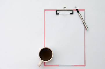 mockup pen Coffee cups, earphones Note paper Placed on a wooden top view