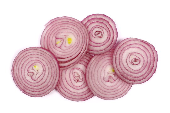 Sliced up red onion isolated on white background, top view