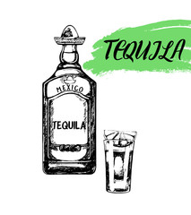 Set of hand drawn sketch style tequila bottle and tequila shot. Vector illustration isolated on white background.