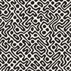 Vector Seamless Black And White Rounded Irregular Maze Pattern. Abstract Hand Drawn Background