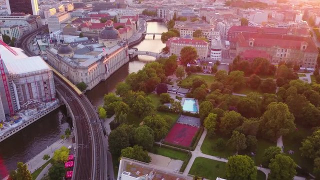 Germany Berlin Aerial v35 Birdseye flying low around Monbijou Park area cityscape sunset 8/17