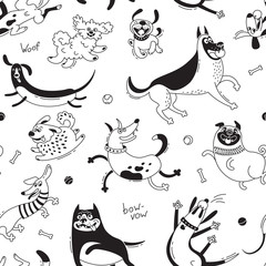 Playing dogs seamless pattern. Funny lap-dog, happy pug, mongrels and other breeds. Vector background for design