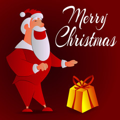 Vector illustration of a funny Santa Claus with a gift on a red background.