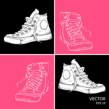 Hand-drawn vintage sneakers. Pop art style vector illustration.