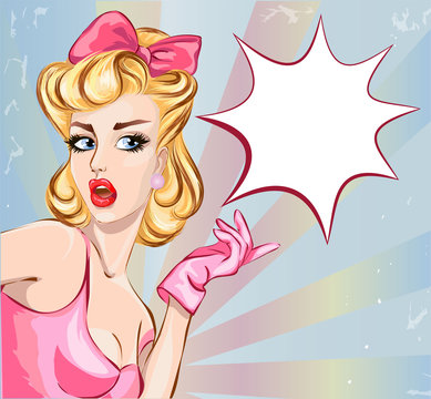 Pin up comic style surprised woman with speech bubble, pop art advertising sale banner, beauty girl portrait, vector illustration background