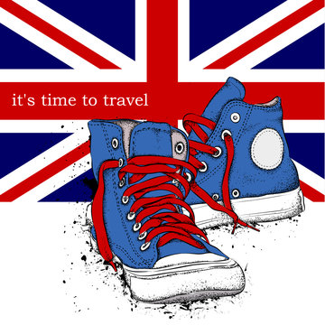 Hand drawn sneakers on background. Print of United Kingdom
flag. Hand drawn vector illustration