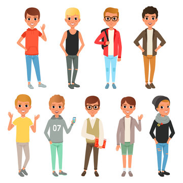 Set of cute boys characters dressed in stylish casual clothing. Kids posing with smiling face expressions. Children wear. Cartoon flat vector design