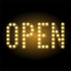 Shop Open sign. Illuminated symbol on black background. Glowing letters and lamps.