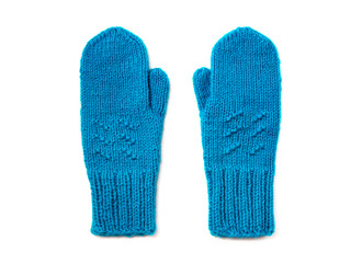 Blue mittens isolated on white background