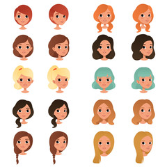 Set of different girl's hair styles and colors: black, blue, blonde, red, brown. Female teens with big shiny eyes. Human head. Flat vector design