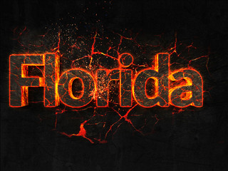 Florida  Fire text flame burning hot lava explosion background.