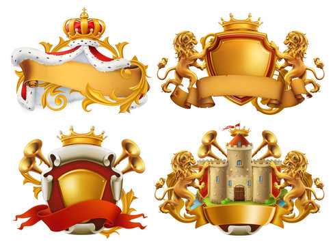 Coats of arms. King and kingdom. 3d vector emblem set