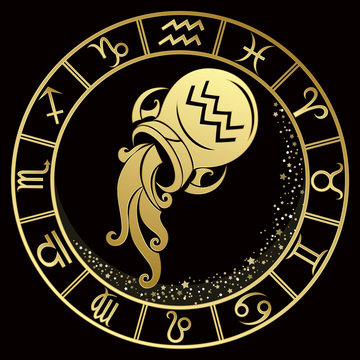 Aquarius zodiac sign on a dark background with round gold frame