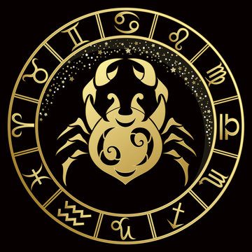 Cancer zodiac sign on a dark background with round gold frame