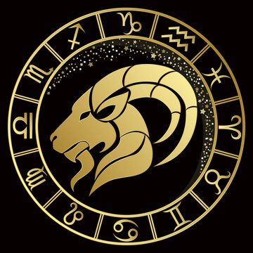 Capricorn zodiac sign on a dark background with round gold frame