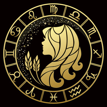 Virgo zodiac sign on a dark background with round gold frame