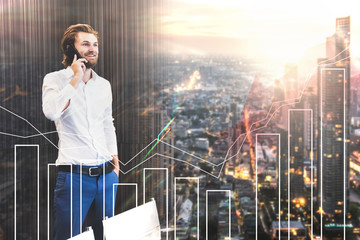 Ceo business man in the phone with abstract business background of city scape and trading graph. Copy space vintage colors. 