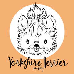 Dog, yorkshire Terrier Puppy head isolated and inscription. Vector illustration, design element for cards, banners and other