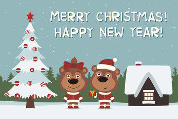 Merry Christmas and Happy New Year! Greeting card: two funny bear, boy and girl, with gift near Christmas tree.