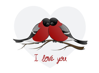Vector illustration of two bullfinch birds huddled together on the branch with heart on the background