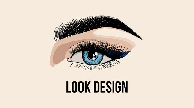 Beauty look design business card or logo template with beauty eye. Beautiful fashion open eye application with eyelash and eyebrow template. Vector illustration on beige background.