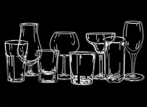 Set of hand drawn sketch style glasses. Vector illustration isolated on black background.