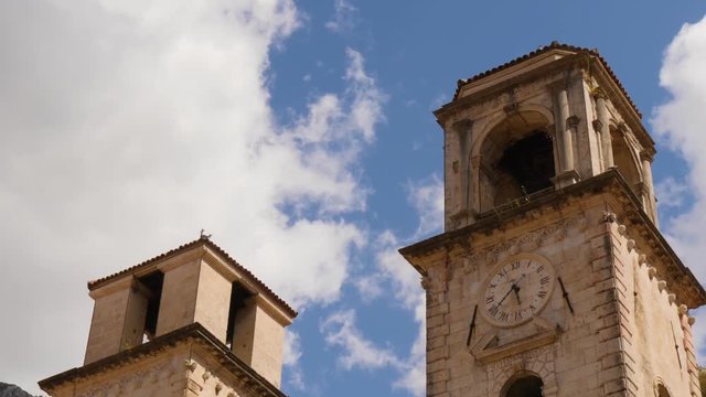 Catholic cathedral of Saint Tryphon in old city of Kotor. Tilt shot