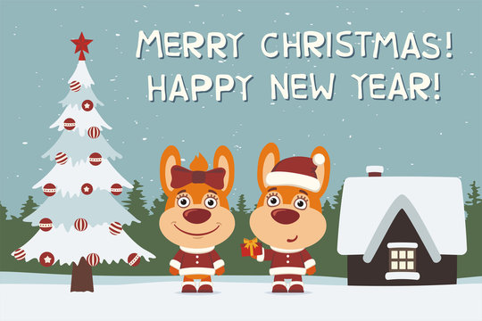 Merry Christmas and Happy New Year! Greeting card: two bunny rabbits, boy and girl, with gift near Christmas tree.