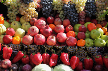 Grapes,fruits and vegetables on the counter.Uzbekistan.