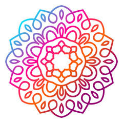 Colorful gradient flower mandala. Hand drawn decorative element. Ornamental round doodle floral element isolated on white background. Vector illustration.
