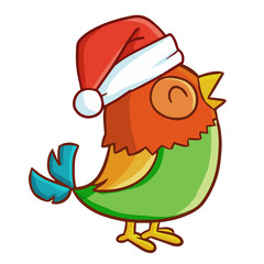 Funny and cute colorful bird wearing Santa's hat and smiling - vector.