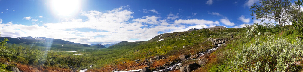 Fototapeta na wymiar 3d panorama. Sarek National Park. North of Sweden. The nature of the polar circle. Mountain wild landscape. Beautiful natural background. Can be used for architectural visualization 